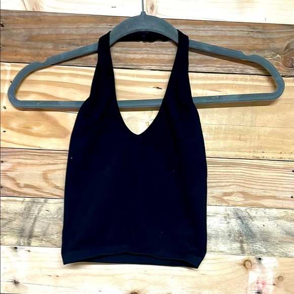 Out From Under size Small Petite Black Sleeveless Halter V-neck Ribbed Crop Top - Picture 1 of 7